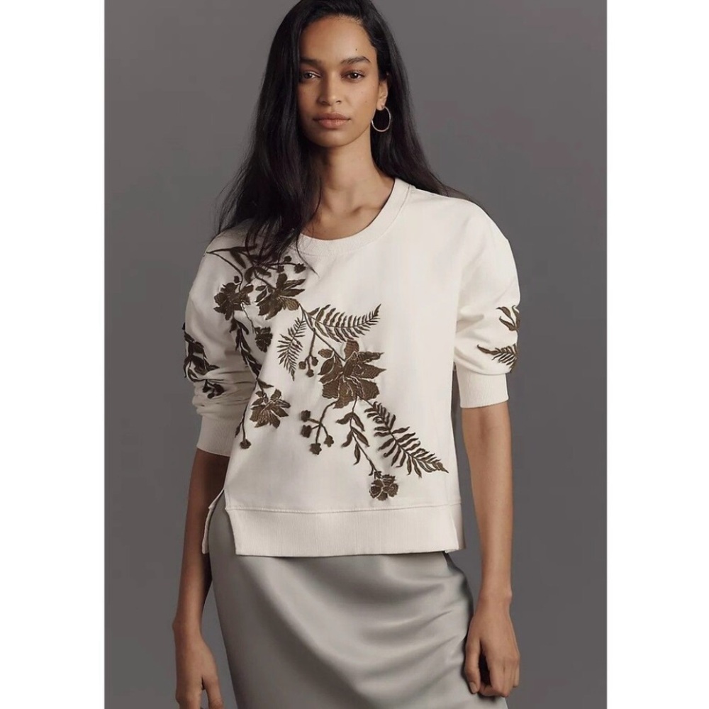 By Anthropologie Fern & Flower Crew-Neck Sweatshirt Embroidered Women’s Size S - Picture 11 of 14